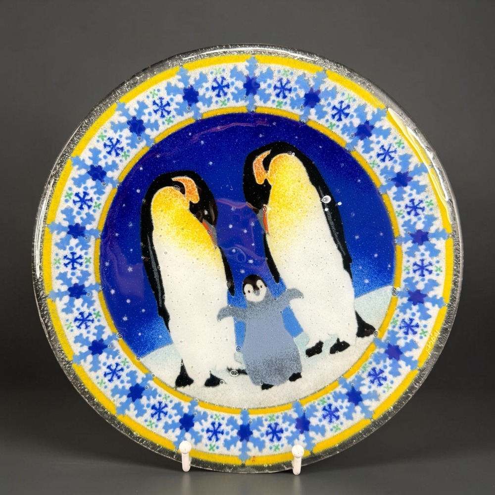 Peggy Karr Fused Glass Art Plate 11in Penguin Family Winter Snowflake Decor